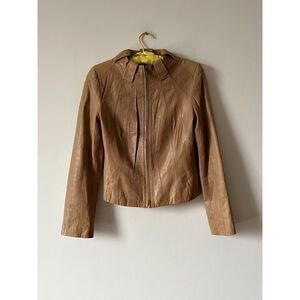 Y2K 2000s Tan Goat Leather Jacket Zip Front Slim Fit Soft Unique Collar Womens S